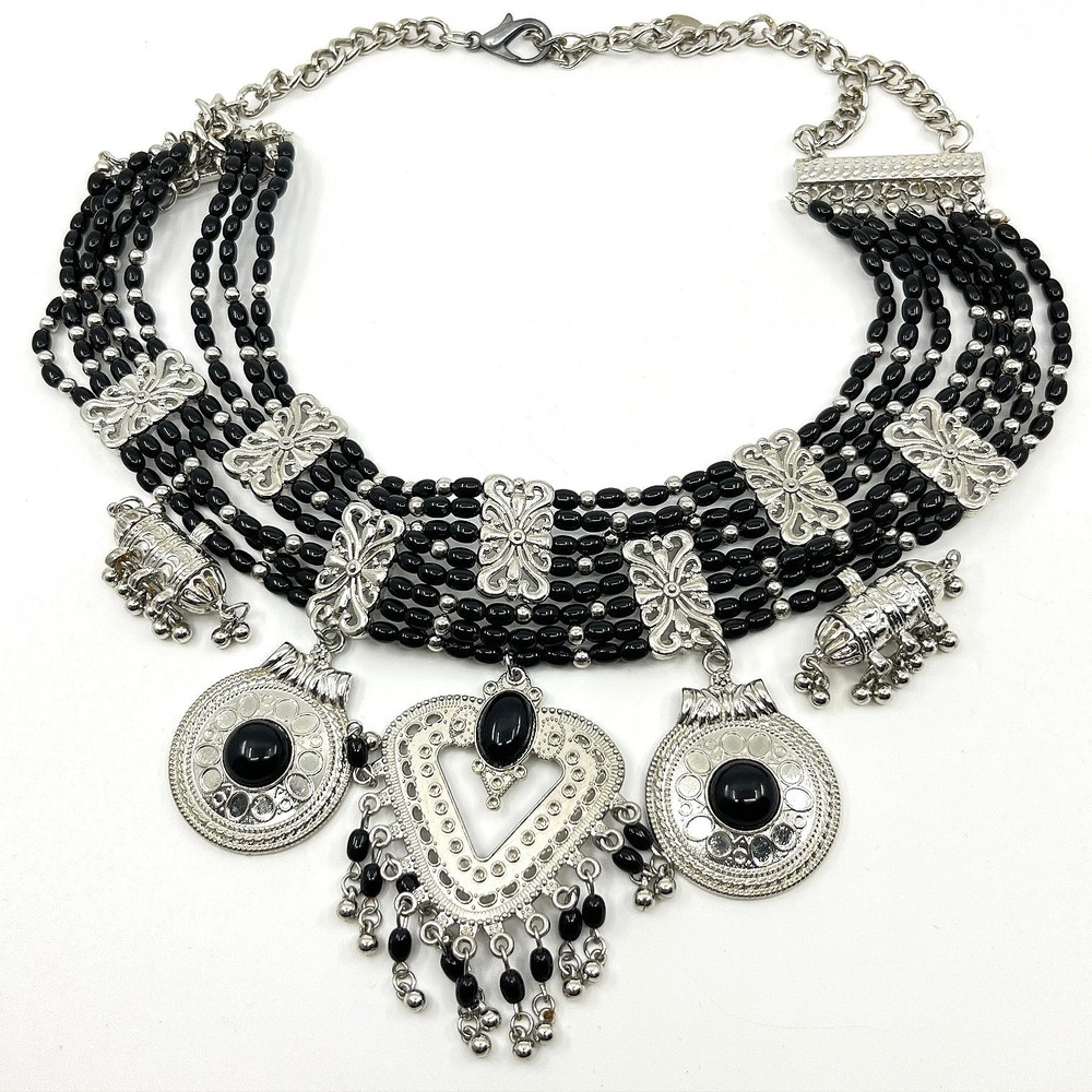 Vintage Studio F‎ Boho Multi-Strand Statement Necklace Black Silver Tone Classic